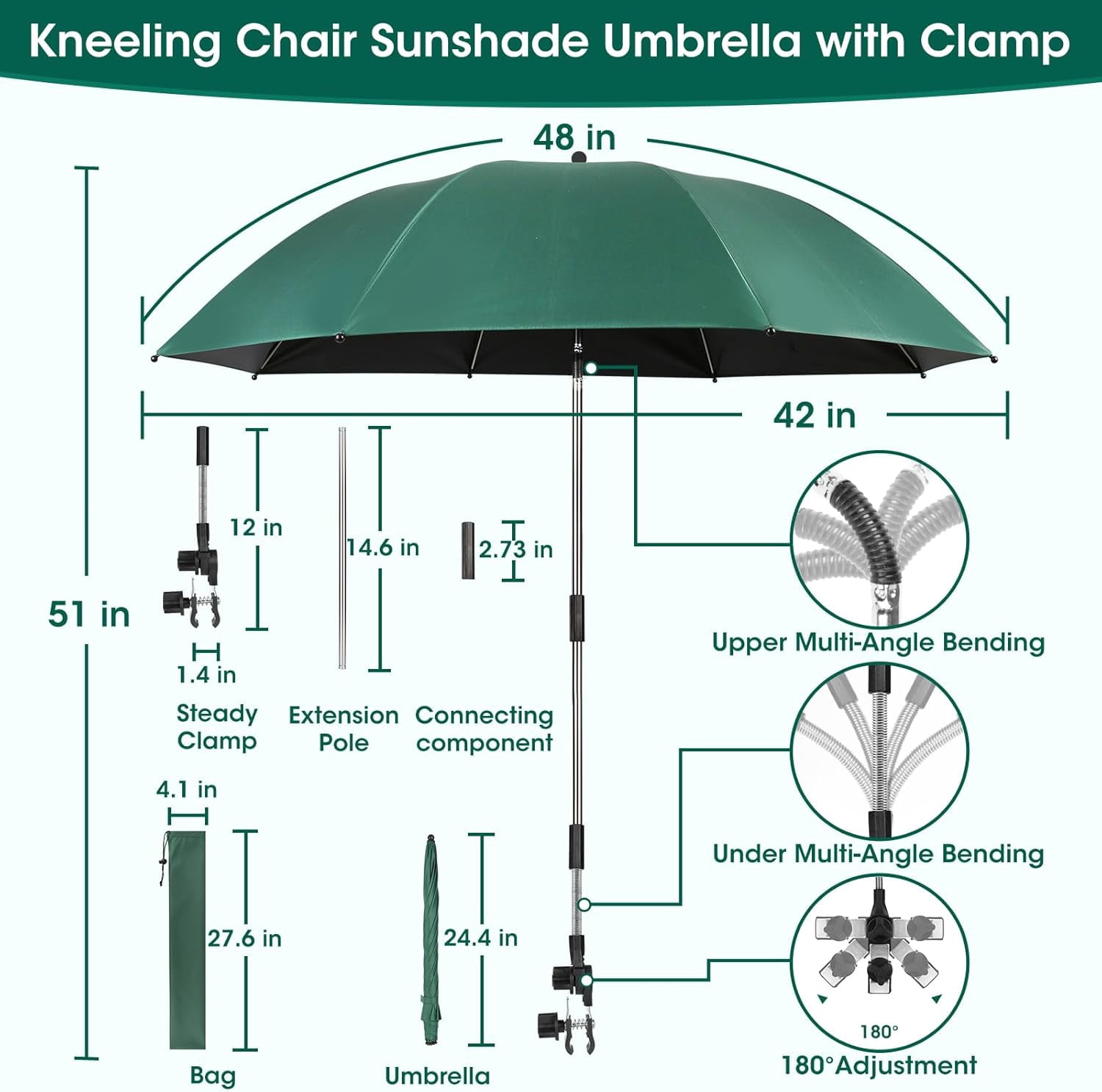 2-in-1 Garden Kneeler with Umbrella, Garden Kneeling Bench & Green Umbrella, Portable Garden Stool Loads Capacity 330lb and Garden Tools Bag with bottle holder, Gardening Gifts for Women,Men,Seniors