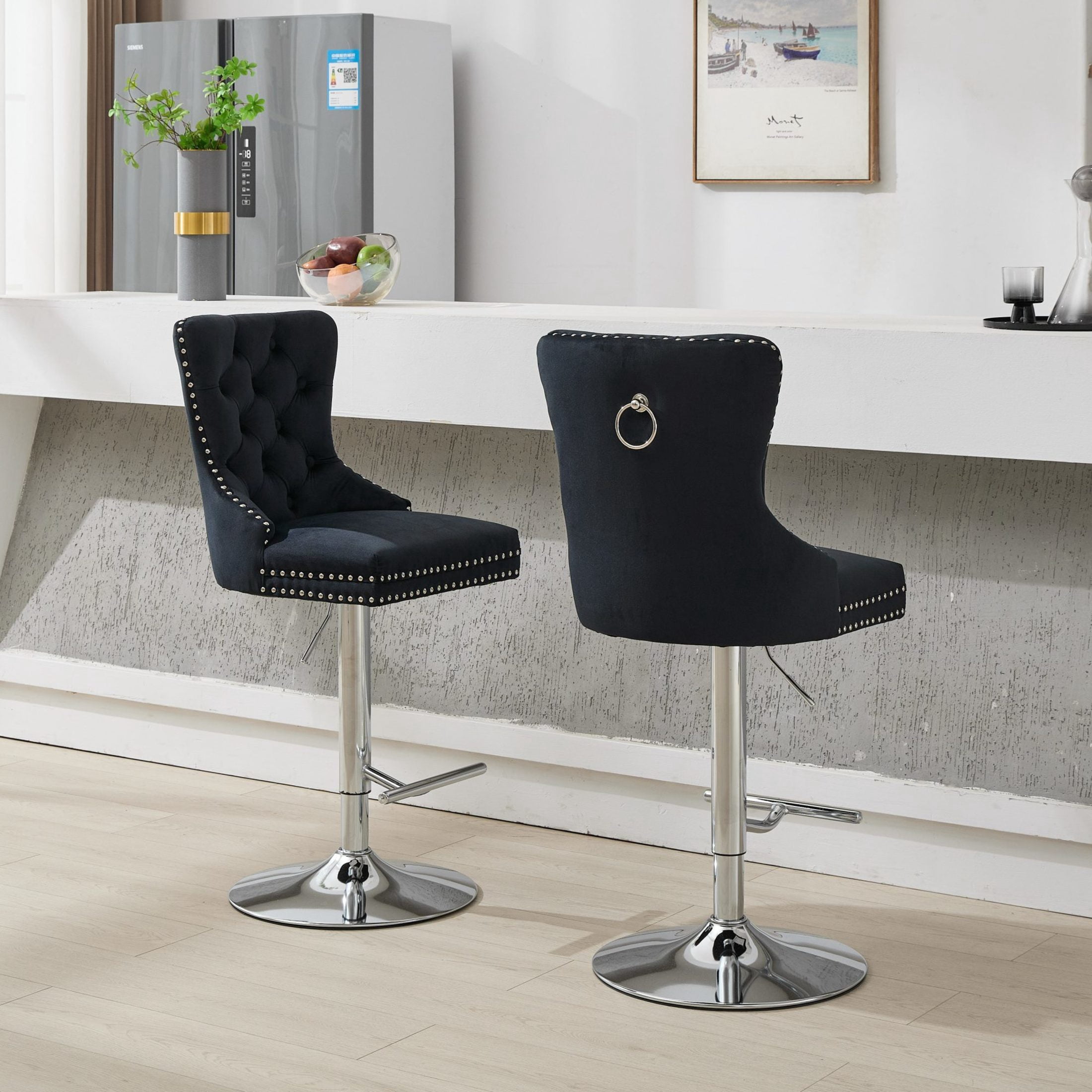 Noble House Set of 2 Swivel Barstools, Adjustable 27-35" Height, Tufted Velvet Upholstery, Black