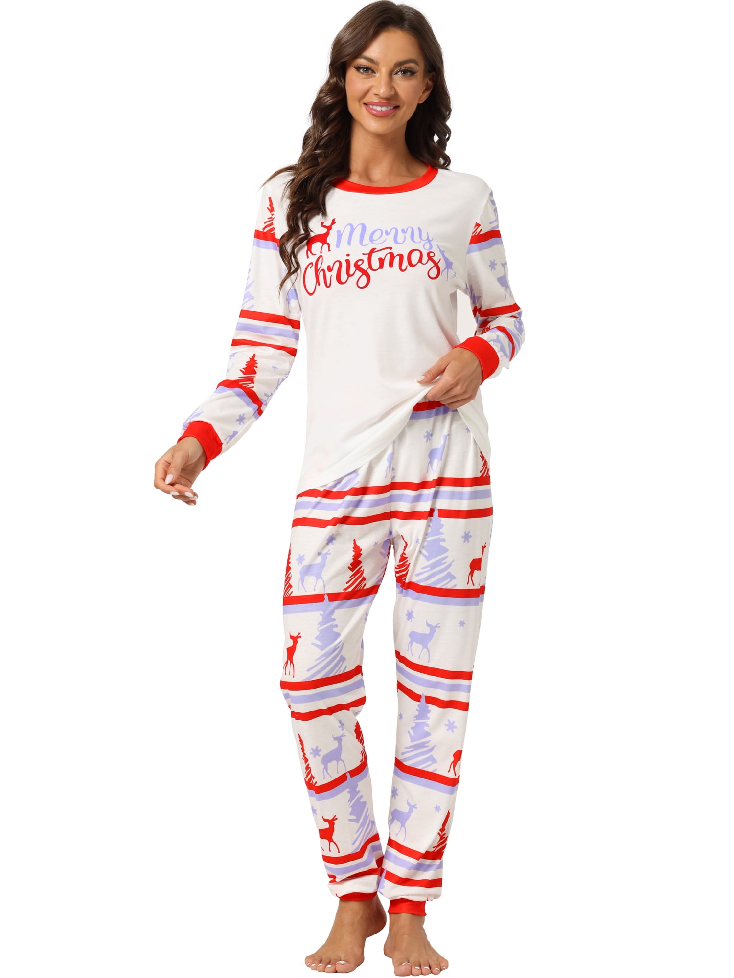 Unique Bargains Christmas Long Sleeve Tee with Pants Lounge Family Pajama Sets XS Women