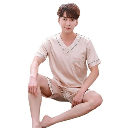

Dasbsug Mens Silky Satin 2 Piece Pajamas Set Short Sleeve V-Neck Pullover T-Shirt Top with Elastic Waist Shorts Solid Sleepwear
