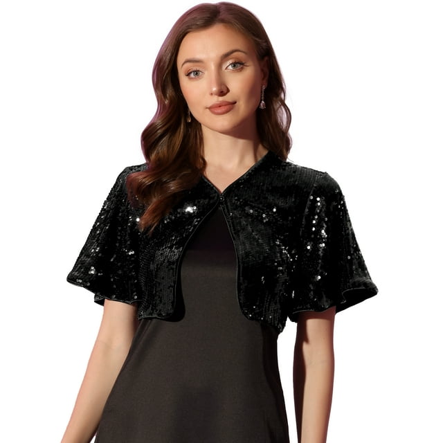 Bolero Allegra K con Lentejuelas para Mujer Manga Acampanada Negro XL