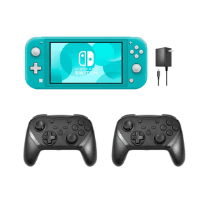 Restored Nintendo Switch Lite Handheld Video Game Console (Turquoise) - Multiplayer Bundle with 2 RetroFam Wireless Pro Controllers, Gamepad & Charger (Refurbished)