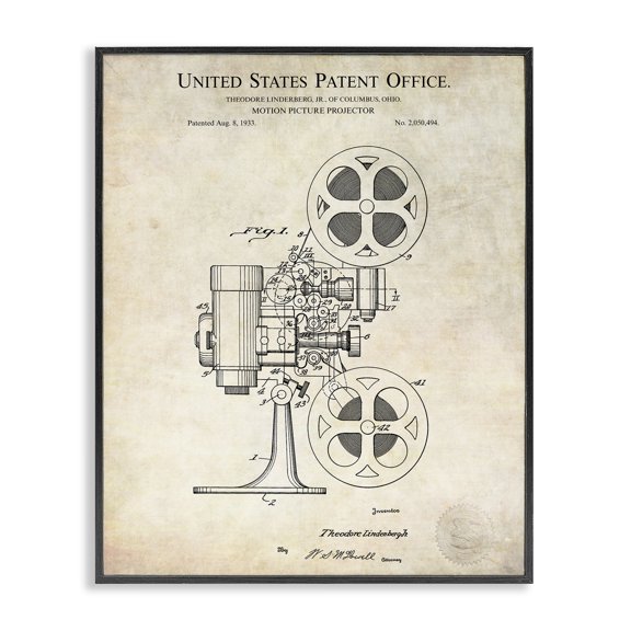 Stupell Industries Art Deco Motion Picture Projector Patent Design Blueprint Diagram Black Framed Giclee Art, 11 x 14, by Karl Hronek