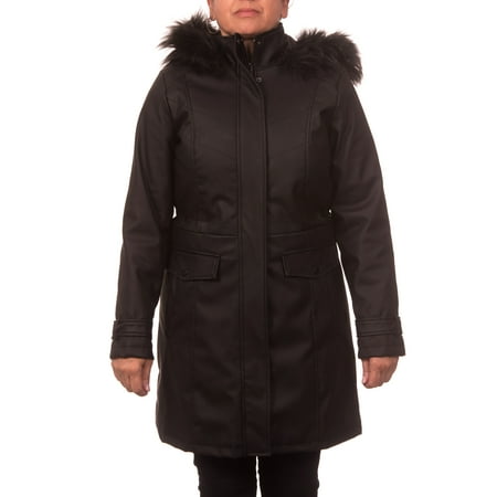 Shearling Leather Coat - Women's Faux Leather Anorak Coat with Detachable Fake Fur Trimmed Hood