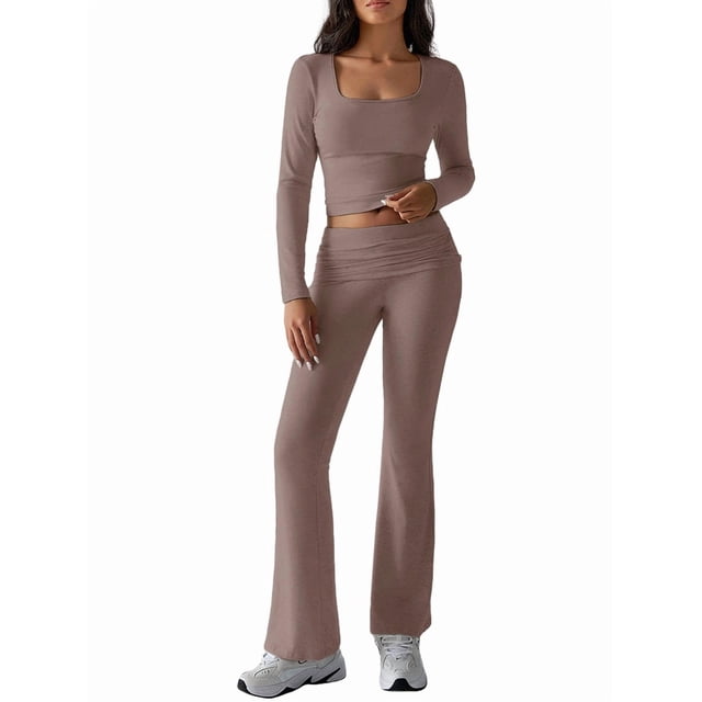 2 Piece Square Neck Lounge Set Womens Wide Leg Pants Slightly Crop Top Sweatsuit Sets Camel Color S