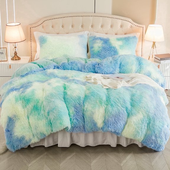 EMME Luxury Blue Fuzzy Duvet Cover Set Twin Size Fluffy Comforter Cover Set 2 Pieces Shaggy and Plush Soft Bedding Duvet Covers (Tie Dye Blue, Twin)