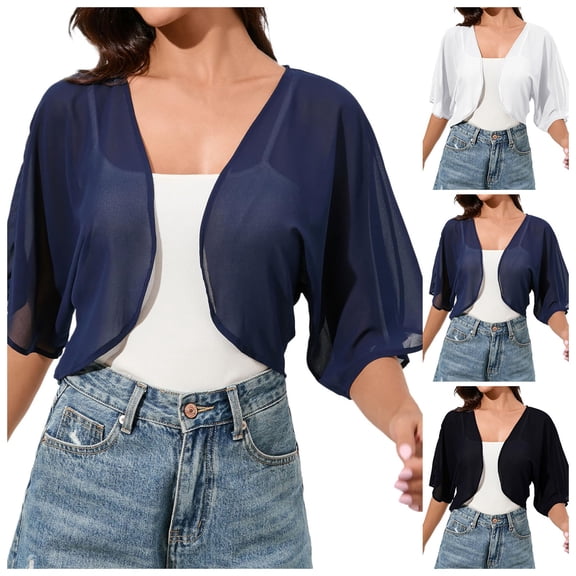 jiaxiM Cardigans for Women Trendy Chiffon Open Front 3/4 Sleeve Cropped Cardigan Lightweight Summer Sheer Bolero Shrug for Dresses