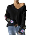 thumbnail image 2 of CaiJunJia Sweaters for Women No Boundaries Fall Winter Women's V-neck Mixed Color Embroidered Patchwork Knitted Pullover Sweater Tops, 2 of 6