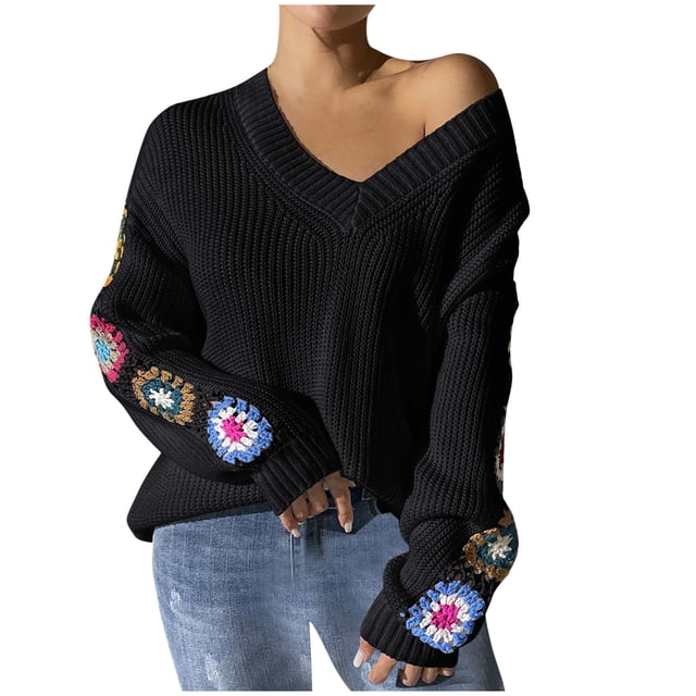 COM1950s Sweaters for Women, Women Sweaters for Fall, Women's V-Neck Random Mixed Color Embroidered Patchwork Pullover Sweater, Sweater for Women, Women's Sweaters Fall, Pullovers for Women
