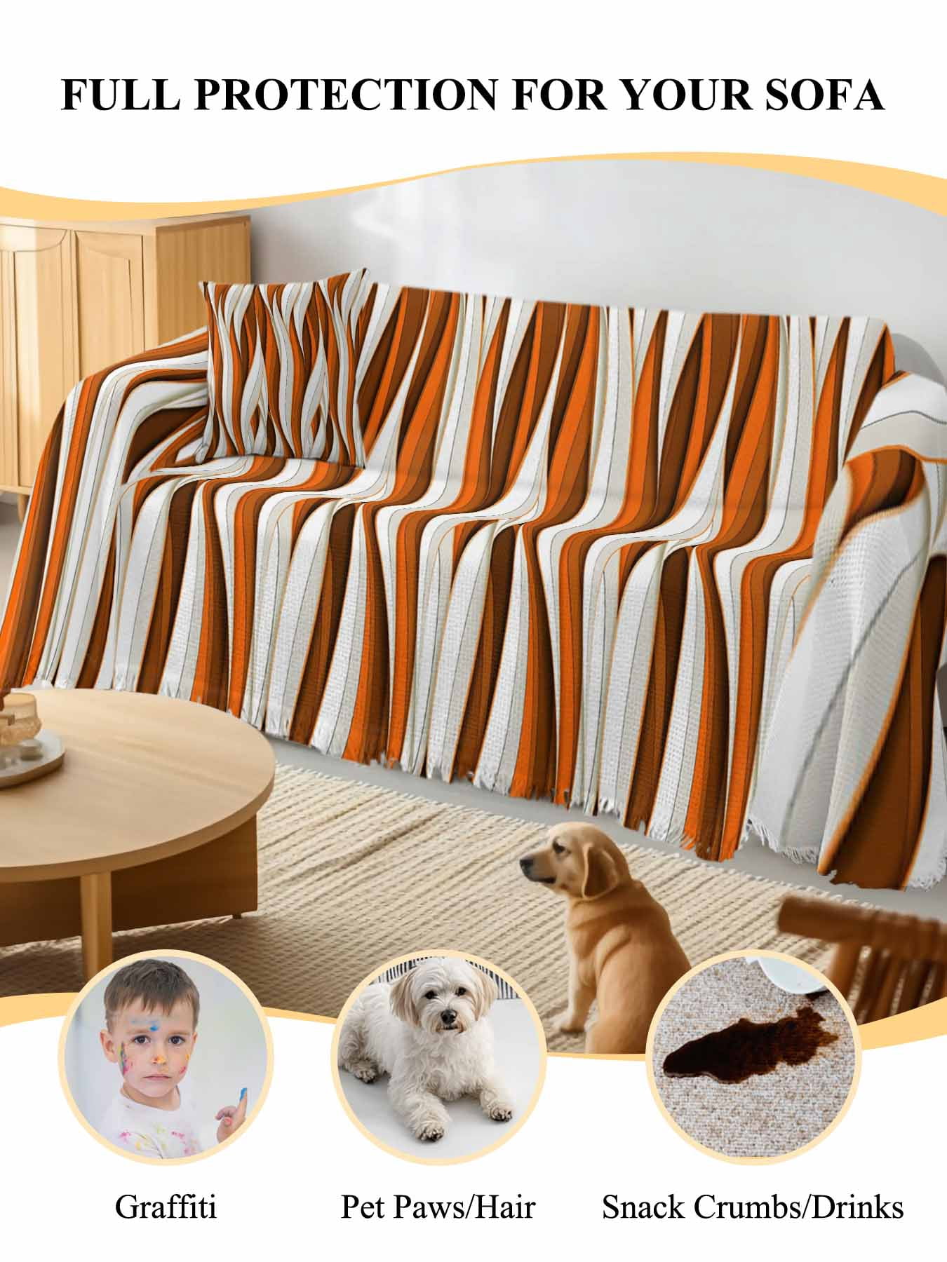 Burnt Orange White Moire Couch Cover, Modern Abstract Art Sofa Cover Blanket for 3 Cushion Couch,Sectional Sofa Slipcover Furniture Protector for Living Room Bedroom 71''x134''