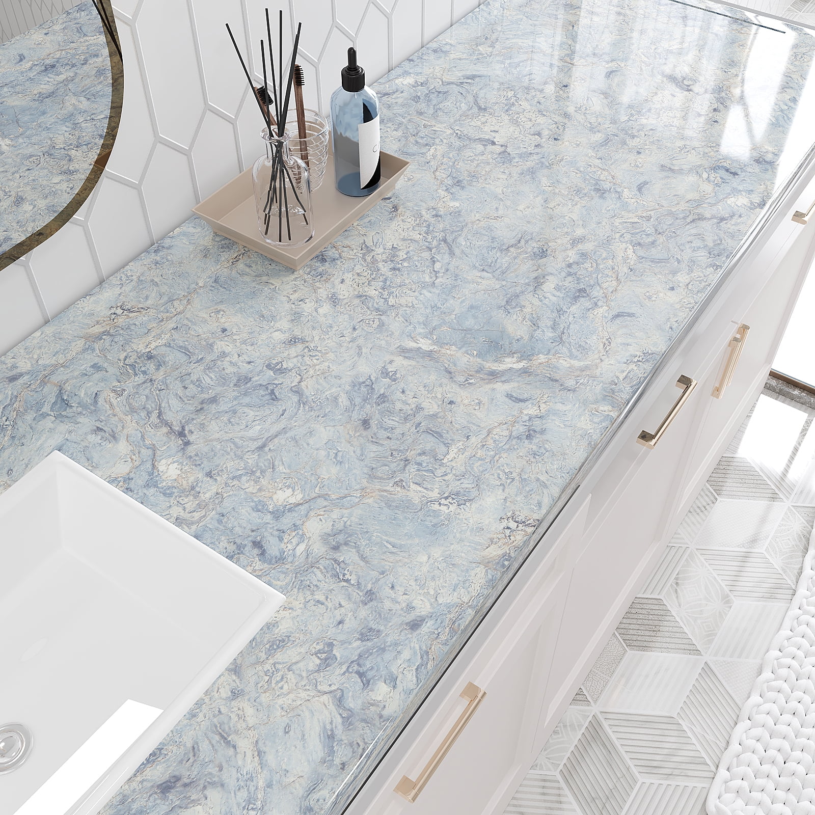 VEELIKE Glossy Cream Blue Marble Countertop Contact Paper Waterproof Kitchen Countertop Peel and Stick Granite Contact Paper for Countertops 15.7''x354'' Removable Marble Wallpaper for Walls Cabinets