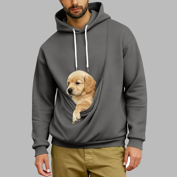 Ceisia Men's Loose Fit Hooded Sweatshirt with Large Pet Pocket & Puppy Print for Casual Wear Dark Gray XL Gifts