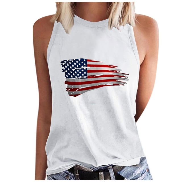 KIHOUT Débardeurs de Mode pour Femmes Drapeau Américain Imprimé Gilet 4 Juillet Col Rond Sans Manches Hauts d'Été Blanc TG