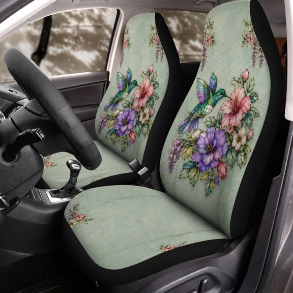 Emacom Ltd Stained Glass Hummingbird Car Seat Covers, Floral Hummingbird Auto Seat Protectors, Botanical Car Interior Accessories