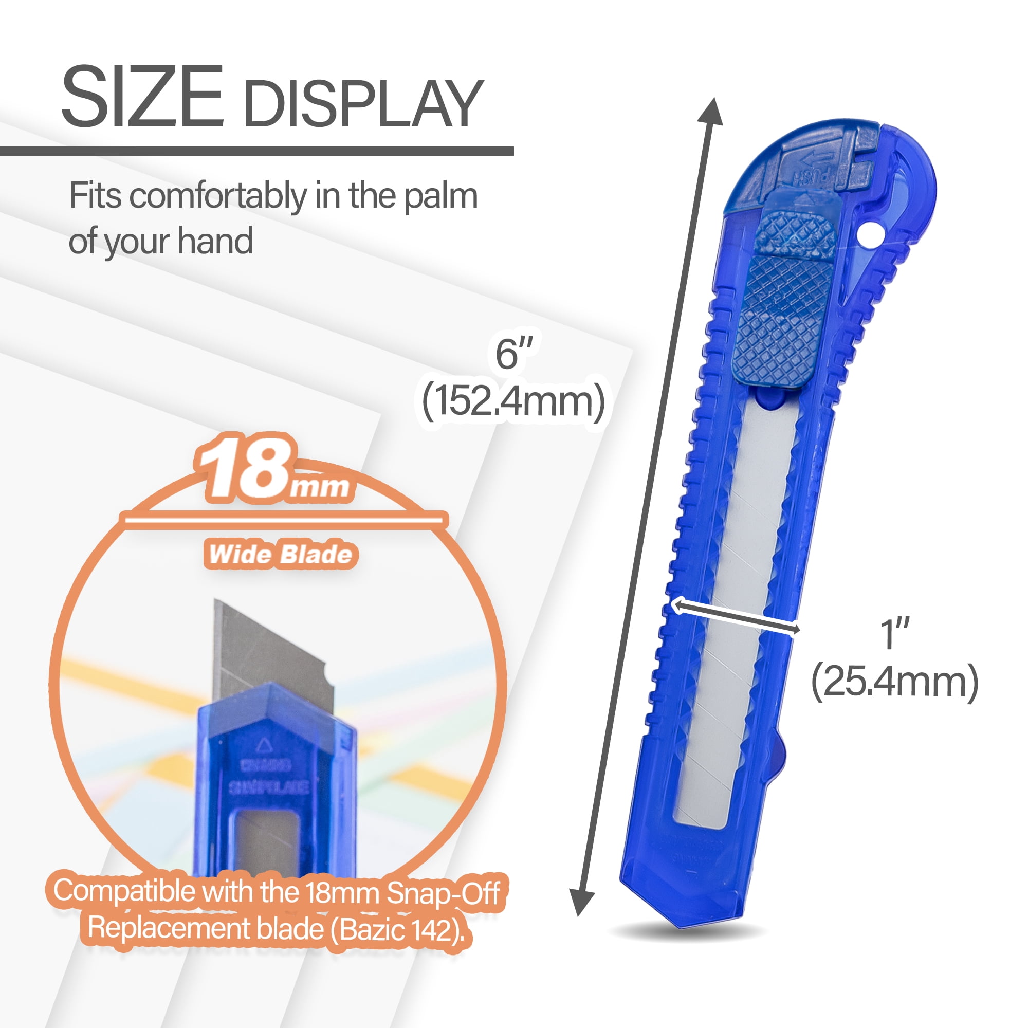 BAZIC Utility Knife Box Cutter 18mm Wide Blade (2/Pack), 6-Packs
