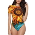thumbnail image 1 of Saiise Pyjama une-Pièce à Manches Courtes pour Femme, Motif Tournesol Coloré Jaune Foncé, Col Rond, Justaucorps Extensible avec Fermeture à Boutons-Pression - Moyen, 1 of 7
