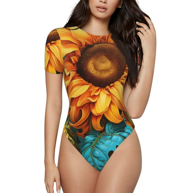 Saiise Pyjama une-Pièce à Manches Courtes pour Femme, Motif Tournesol Coloré Jaune Foncé, Col Rond, Justaucorps Extensible avec Fermeture à Boutons-Pression - Moyen