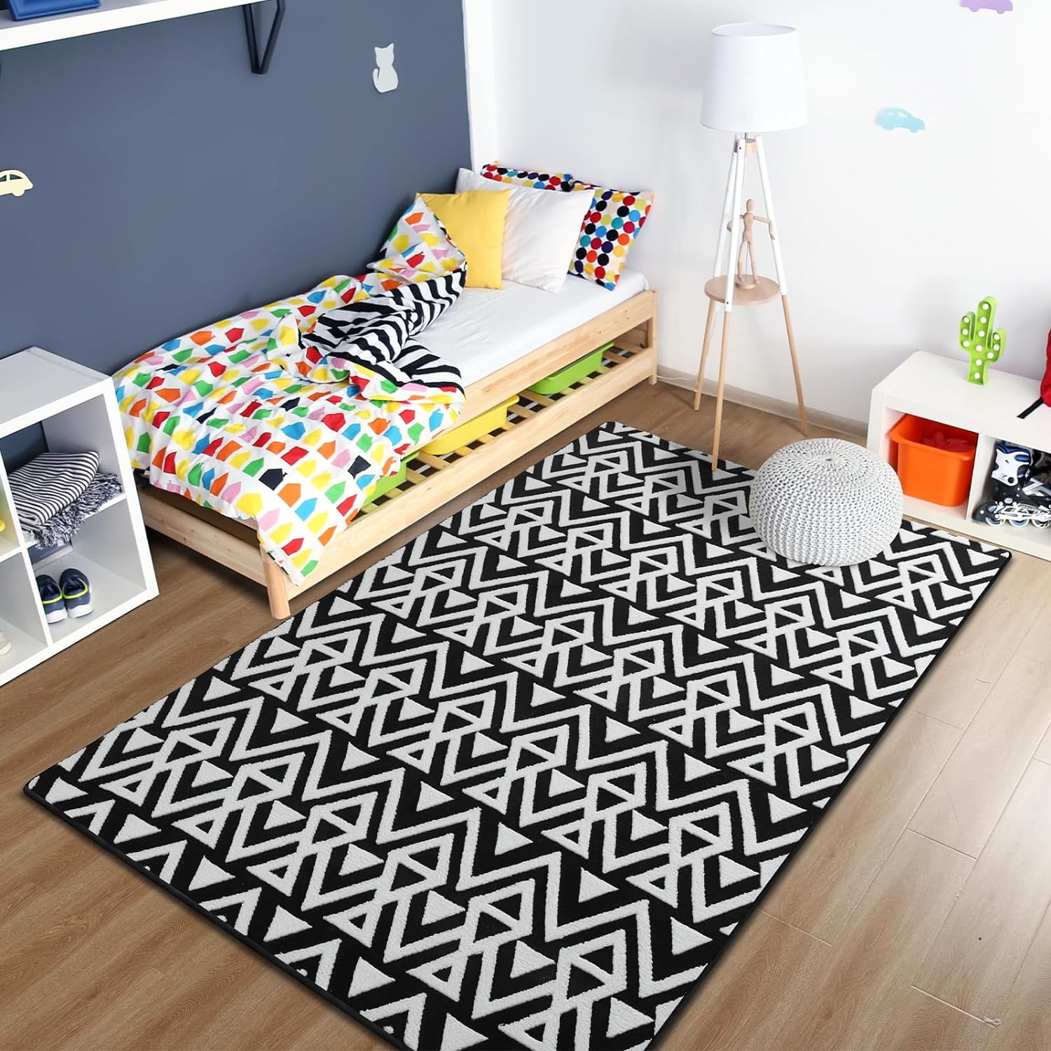 Lochas Soft Shaggy Rugs Geometric Area Rug Fluffy Carpet for Living Room Fluffy Accent Carpet Home Decor,5'x8',Black