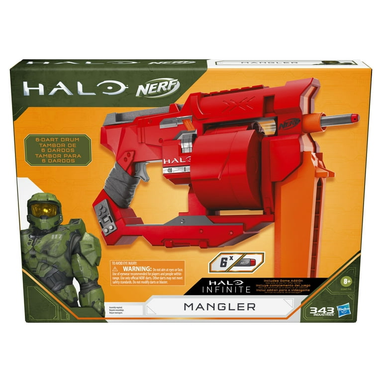 Nerf Halo Mangler Dart Blaster, Pull-Back Priming Handle, Includes 6 Darts