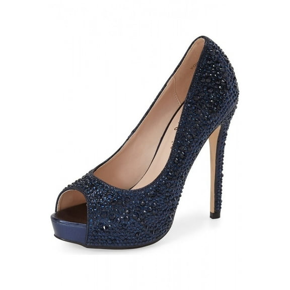 Lauren Lorraine Candie 12 Rhinestone Peep Toe Platform Wedding Prom Dress Pumps (Navy, 6)