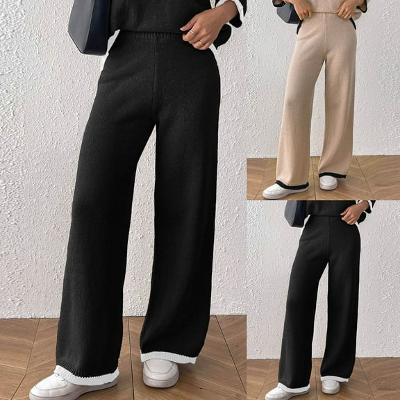 Knit Pants Women Loose Fit Casual Trousers Solid Color Wide Leg Lounge Pants with Elastic Waist for Work Office Business Casual Style | CSEONE,Black L