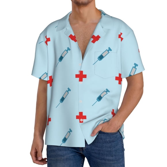 Balery Syringe And Red Cross Camisa Casual de Manga Corta con Botones para Hombre, Texturizada, Estilo Cubano, para Playa, Verano-Small