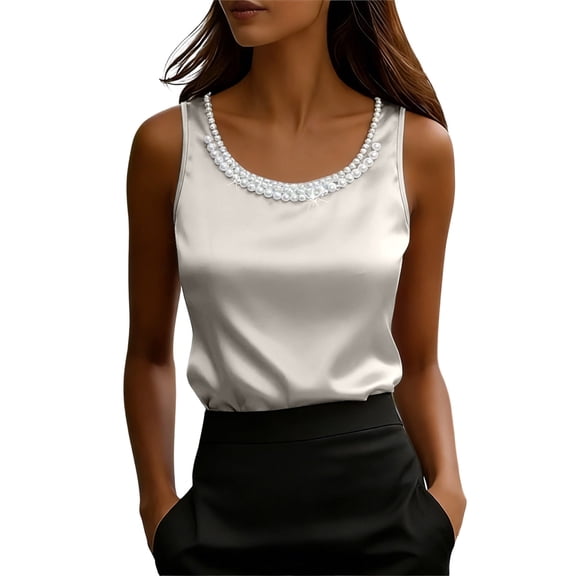 Ulitacool Tank Tops For Womens Elegant Beaded Camisole Top Summer Sleeveless Vest Slim Fit Shirt Layering And Outfits Tee Casual Daily Wear 2Xl White