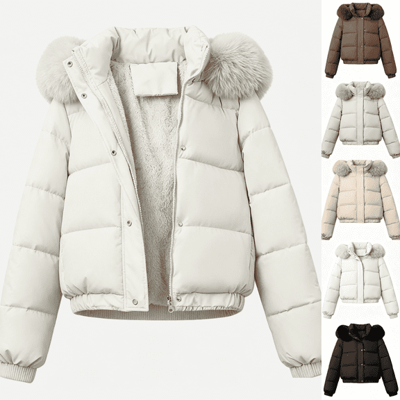 XUNKUSGA Puffer Jacket Womens with Hood Fashion Solid Color Fleece Lined Zipper Cropped Winter Snow Coat Waterproof Short Warm Quilted Jacket with Pockets White M