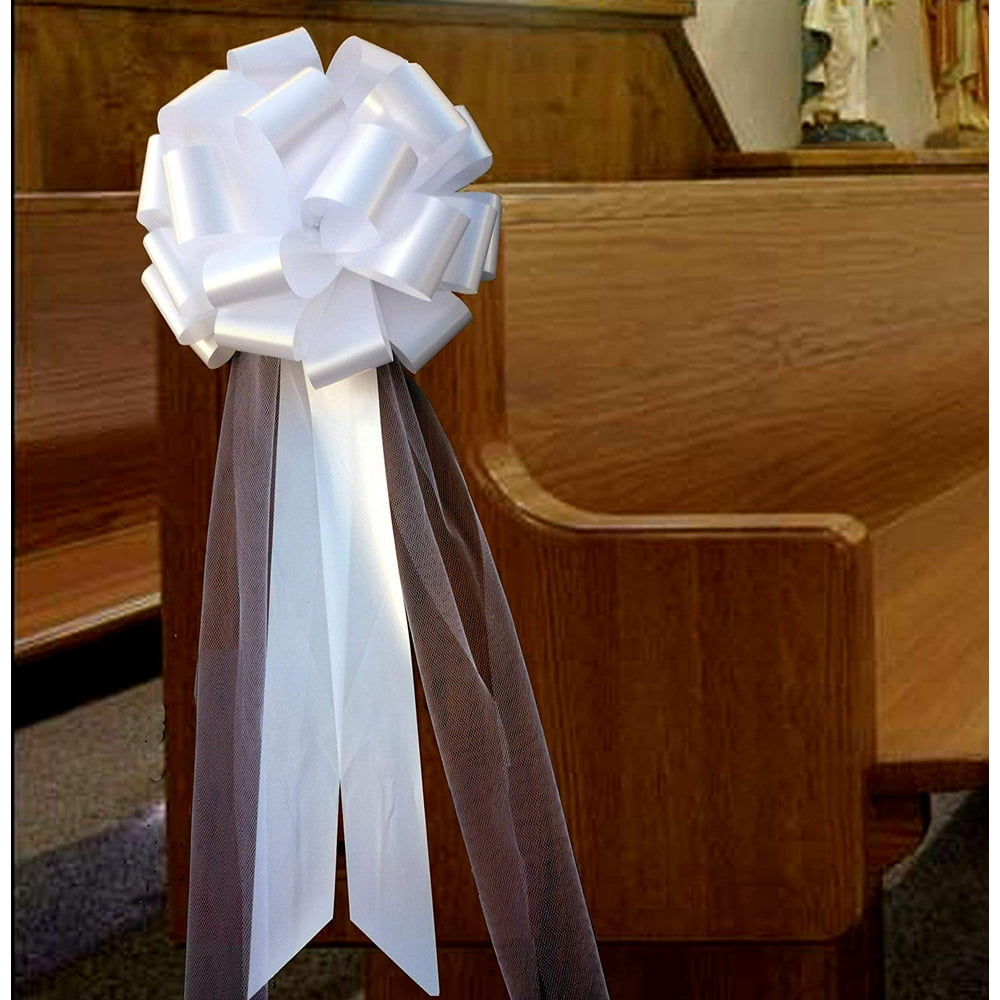 Large White Wedding Pull Bows with Long Tulle Tails 9" Wide, Set of 6, Wedding Pew Bows