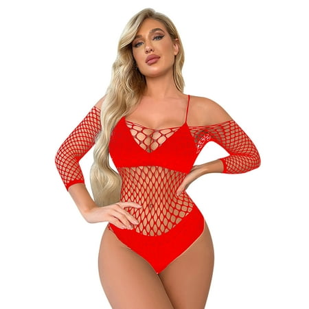 Midwennn Women Lingerie Long Sleeves Fishnet Bodysuit Sexy Mesh Teddy Underwear Wet Look Lingerie for Women Open Crotch Sexy Womens Lingerie