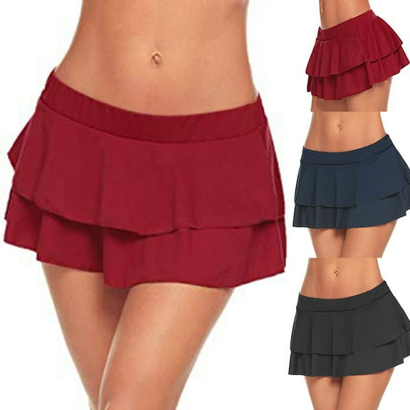 Fengqque Mini Skirt for Women Solid Ruffle Stratification Elastic Waist Skirt Short Skirts Beach Club Sports Meeting Short Skirt Red 10(XL)