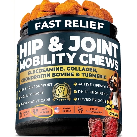 Pup Choice Hip & Joint Glucosamine Chews for Dogs with Chondroitin, Collagen & Turmeric – Mobility & Joint Support, Beef Flavor Soft Chews, 140 Count