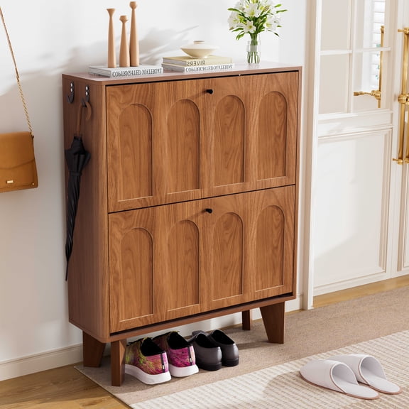 31.5" Shoe Storage Cabinet with 2 Flip Drawers, Narrow Shoe Cabinet for Entryway, Wood Shoe Rack Cabinet for Hallway, Walnut