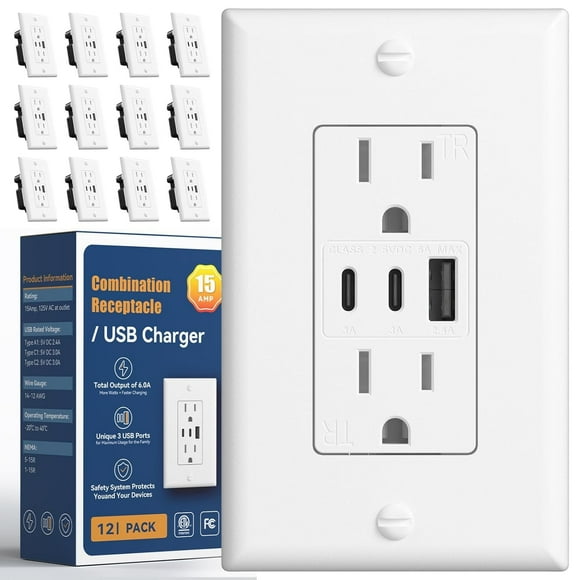 6.0A USB Outlet 12 Pack, 3-Port 30W Wall Outlets with 2 Type C & 1 Type A, 15 Amp Receptacle Plug, Tamper Resistant Receptacle, Wall Plate Included, ETL Listed, White