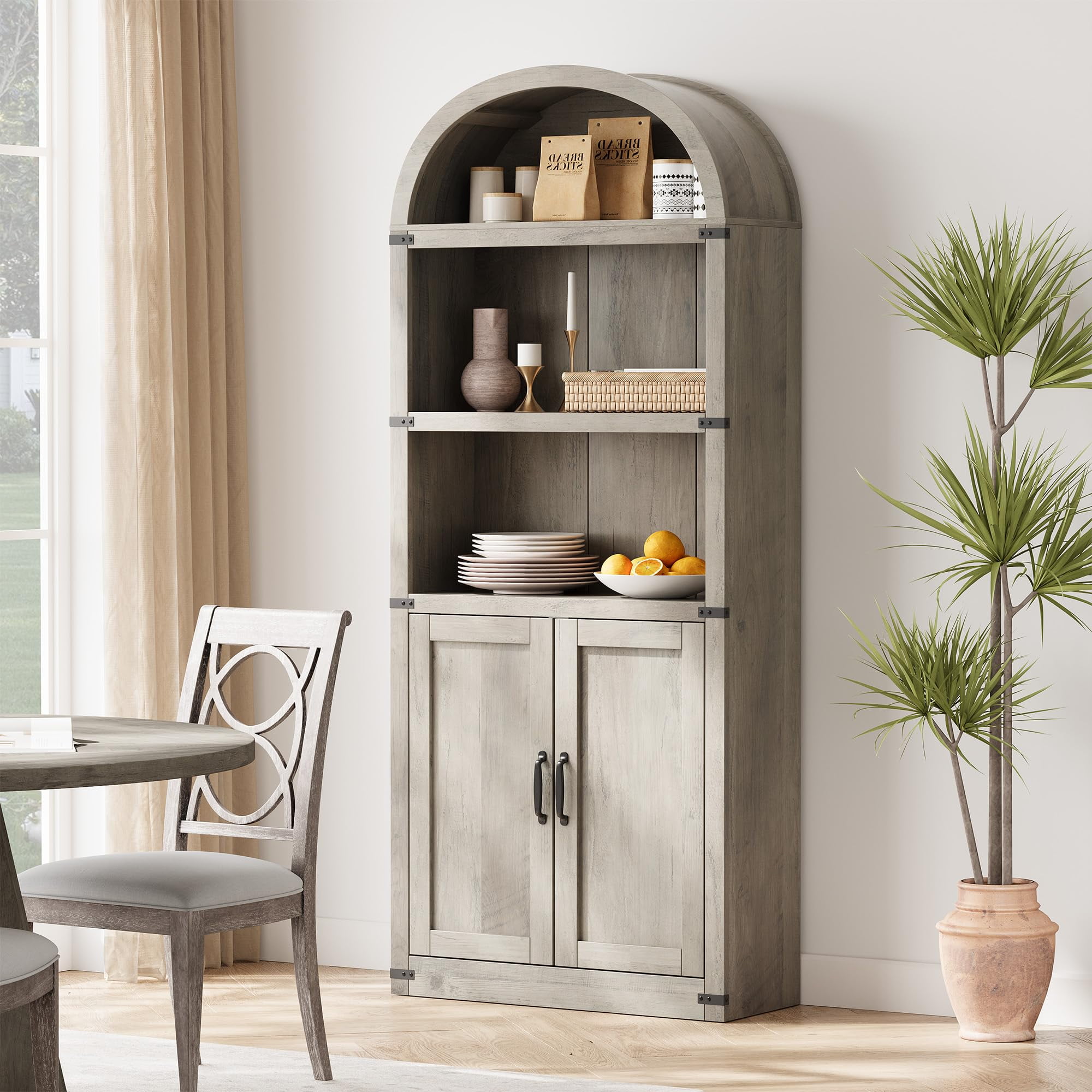 TROPOW Bookcase with Doors Arched Bookshelf 71 65in Tall Bookcase Farmhouse Cabinet with Shelves Wooden Bookshelves for Home Office Living Room Gray
