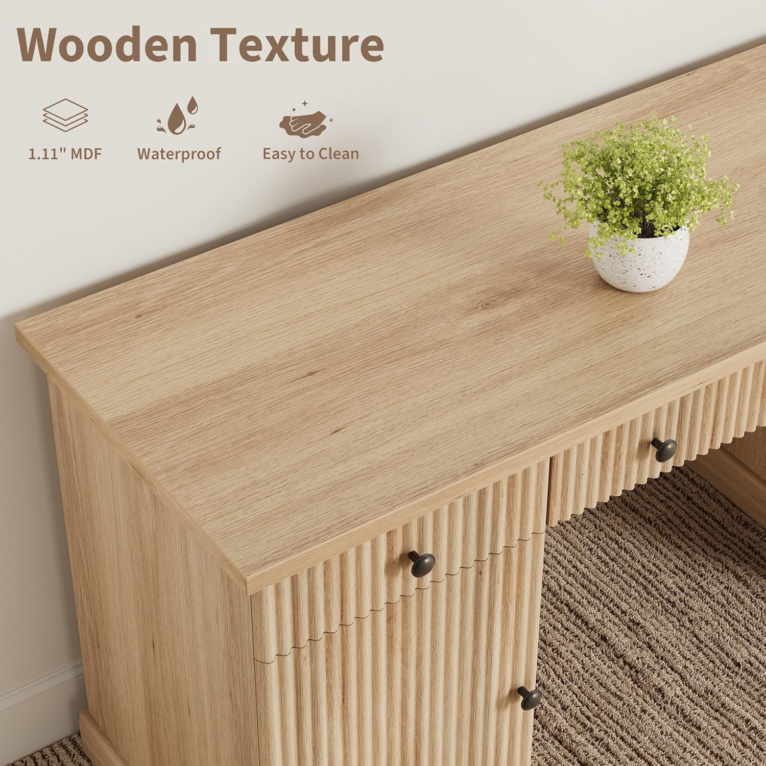 Fluted Home Office Desk Storage, 60 in Modern Executive Desk with Charging Station, Wooden Computer Writing Desk with File Cabinet & Drawers for Study, Living Room, Bedroom-Burlywood