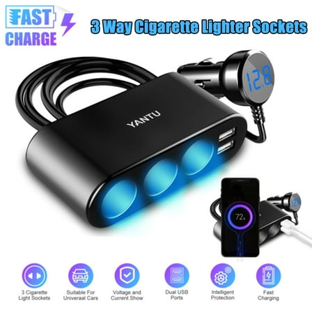 Ryhampaper 3 Way Car Cigarette Lighter Socket Splitter Dual USB Charger Power Adapter 12V Black