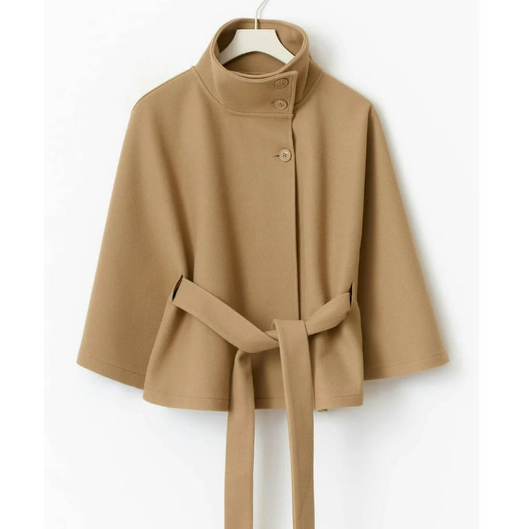 Women's Wool Blend Cape Coats Elegant Long Sleeve Stand Collar