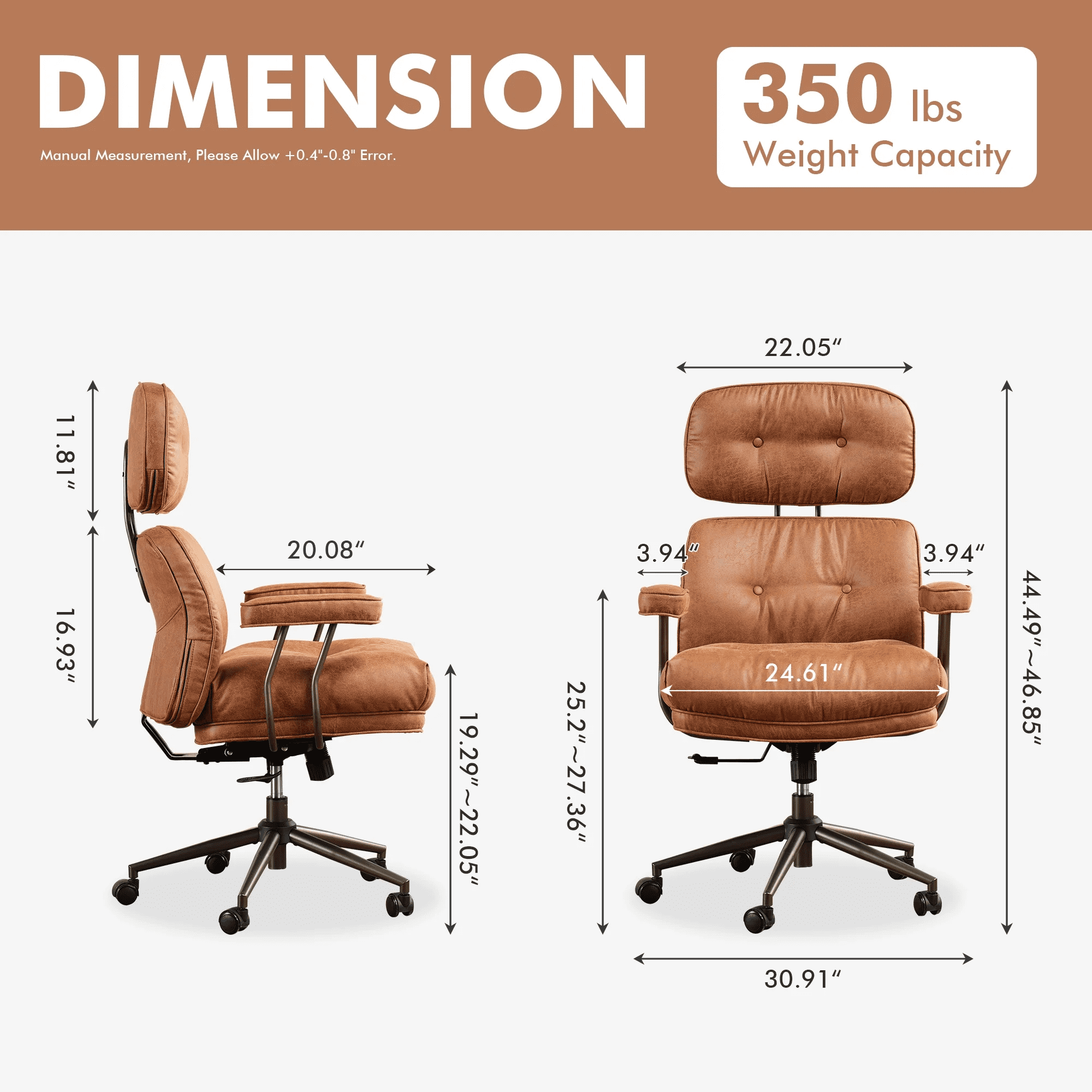 Vcatnet Ergonomic Executive Office Chair, High Back Computer Chair with Lumbar Support, Suede Leather Mid-Century Modern Adjustable Home Office Desk Chair, Brown