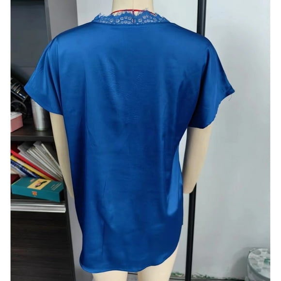 Summer Top, Pure Color Loose Fit Short Sleeve Women Lace Trim Top V Neck Casual for Daily Life Blue L