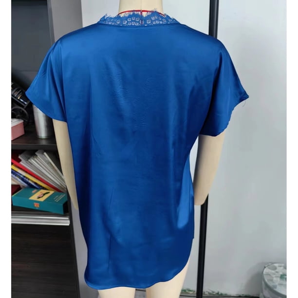 Camiseta de color puro NikouMX mujer con ribete de encaje en V manga corta