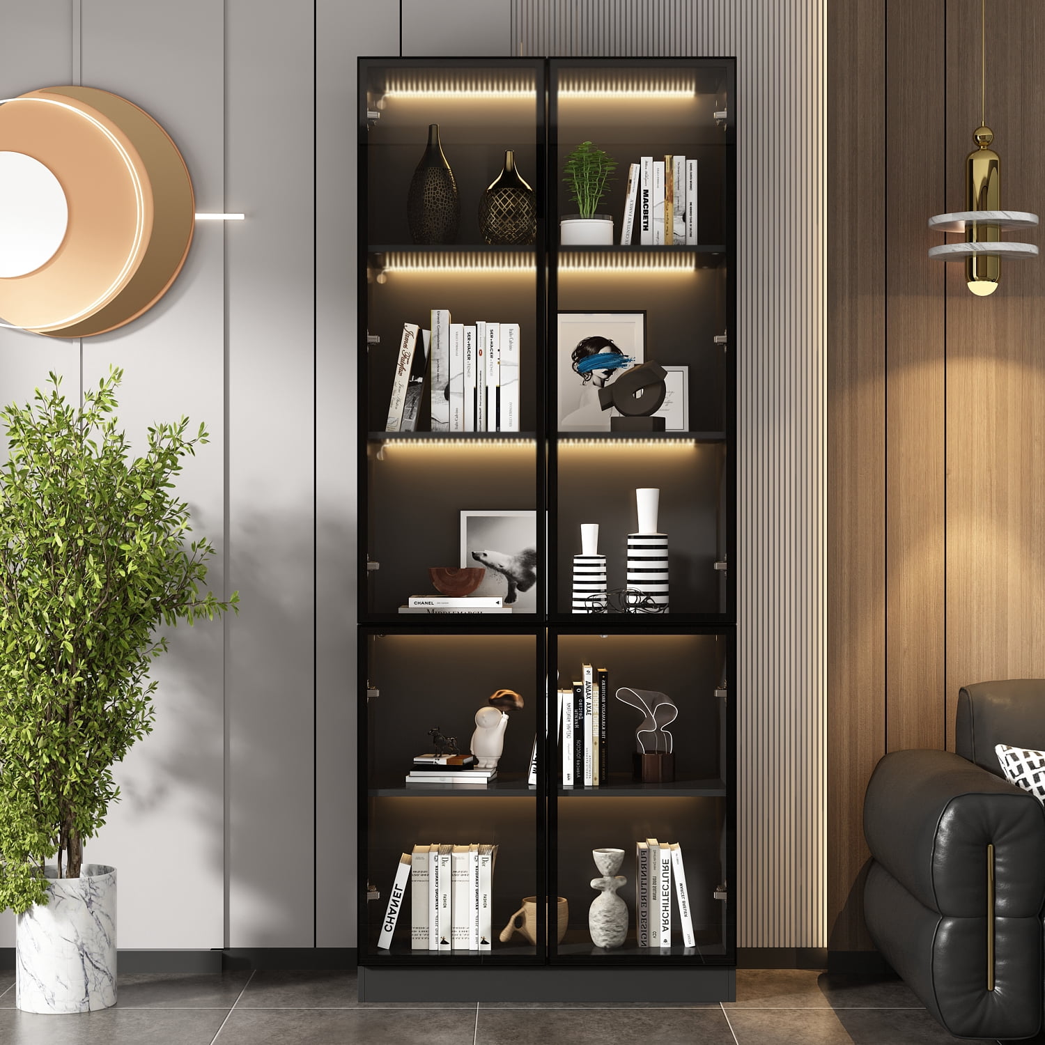 KULAGAGA Bookcases Organizer with LED Lights, Heavy Duty Display Cabinet with Glass Door for Living Room, 31.5" Wide
