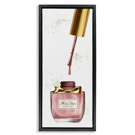 Stupell Industries Makeup Nail Polish Brush Gold & Pink Beauty & Fashion Painting Black Floater Framed Canvas Art Print Wall Art, 11 x 25