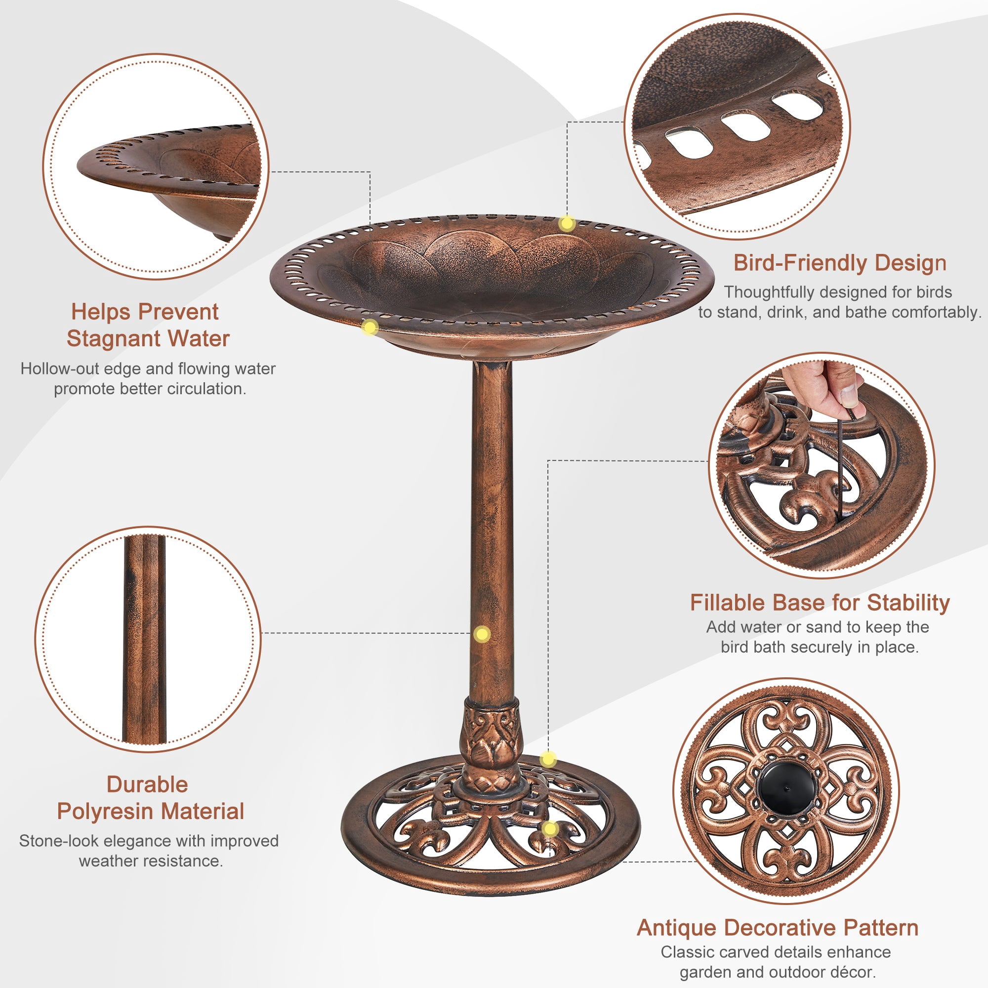 VECELO 28" Height Pedestal Birdbath Outdoor Garden Decor, Vintage Yard Art Bird Baths, Brown