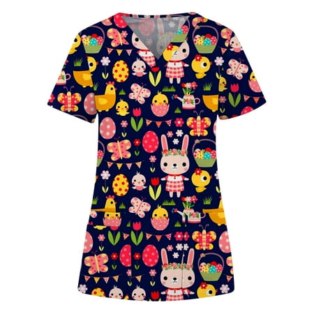 

Summer Tops for Women 2022 Plus Size Summer Scrubs For Women With Print V-Neck Graphic Tees Vintage Easter Work Tops Short Sleeve Nusring Tops