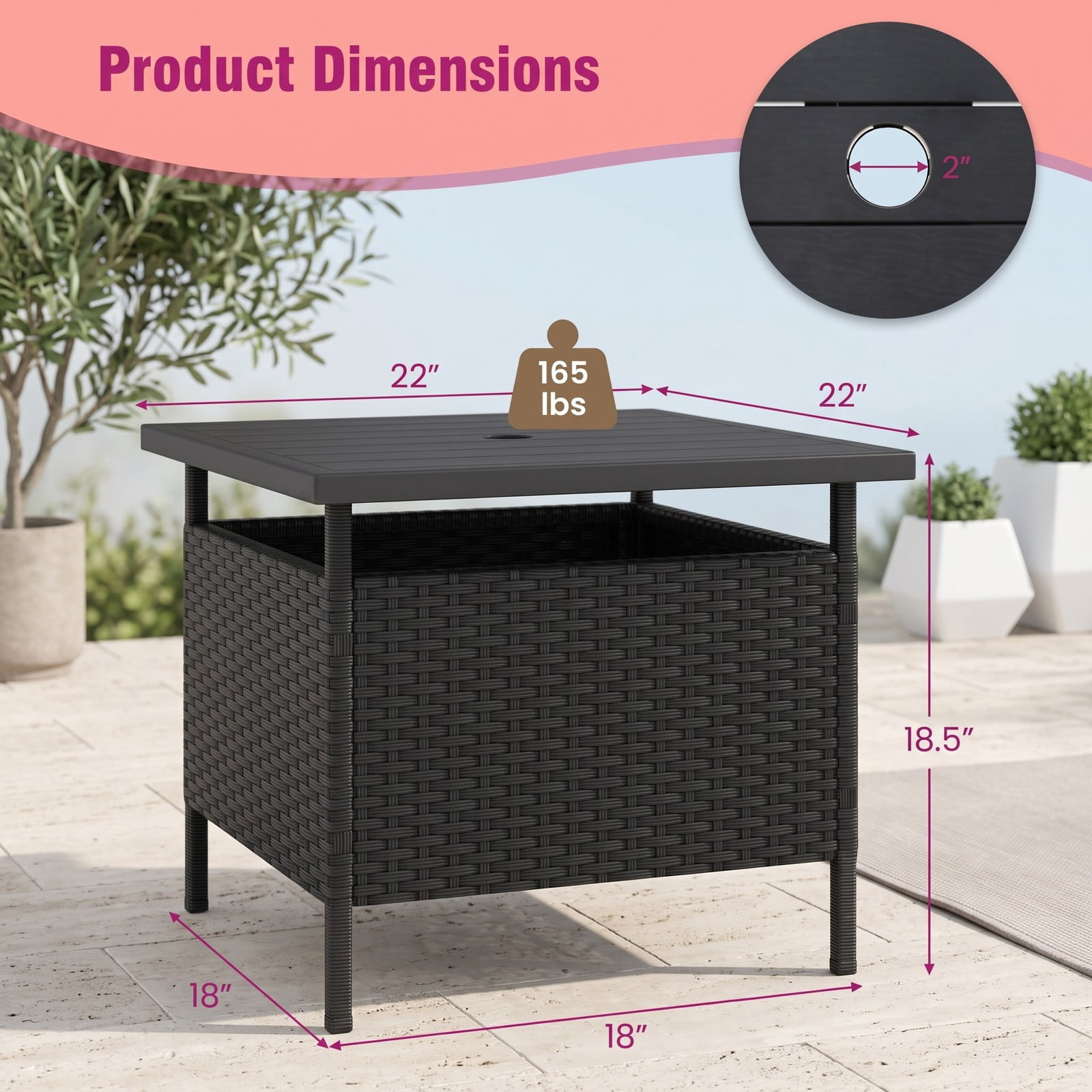 Furnibear Patio Square Wicker Side Table with Umbrella Hole, PE Rattan Outdoor End Table, Faux Wood Top Metal Frame Coffee Table for Garden Yard Backyard, Black