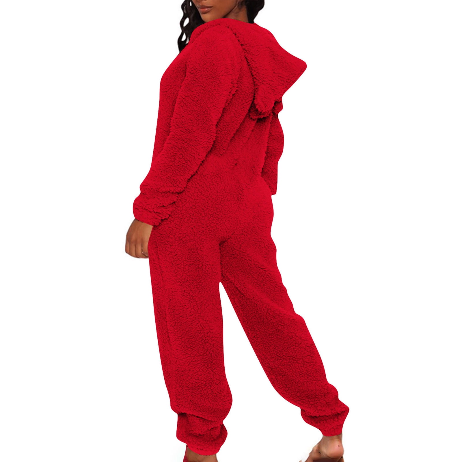 Uaswgudfs Womens Fleece Onesies Pajamas Jumpsuit Warm Romper Sleepwear One Piece Zipper Hooded Playsuit Loungewear Red 2XL