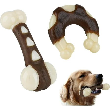 Indestructible Dog Bones Chew Toys for Aggressive Chewers - 2 Pack, Real Beef Flavor, Durable Nylon Dog Toys for Large, Medium & Small Dogs
