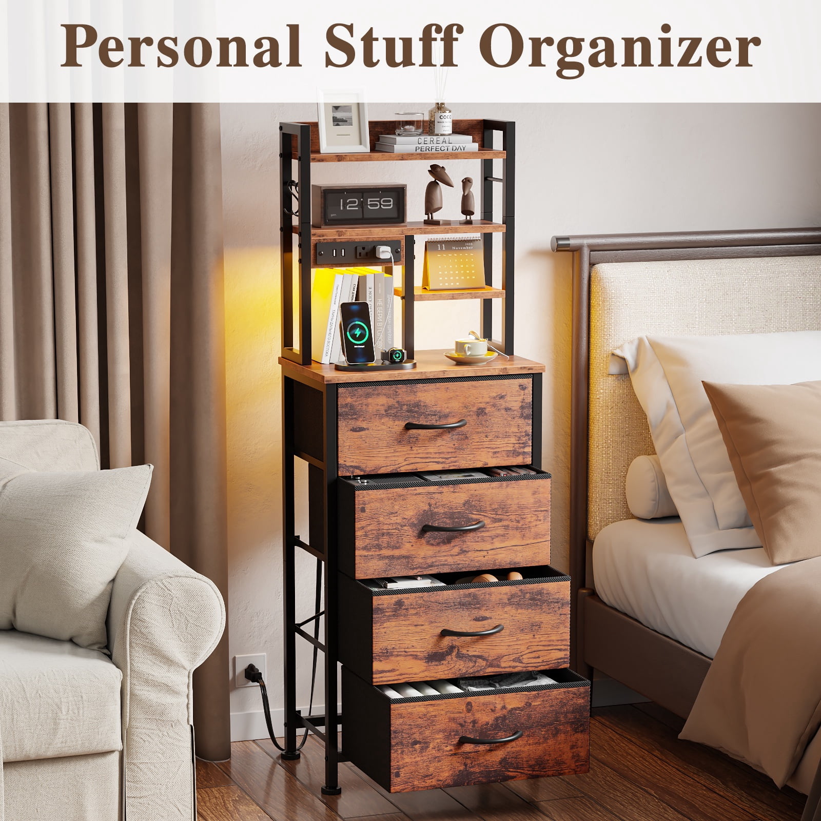 Satifur Tall Nightstand with Charging Station and LED Lights, Bedside Table with 4 Drawers and Bookshelf, Rustic Brown