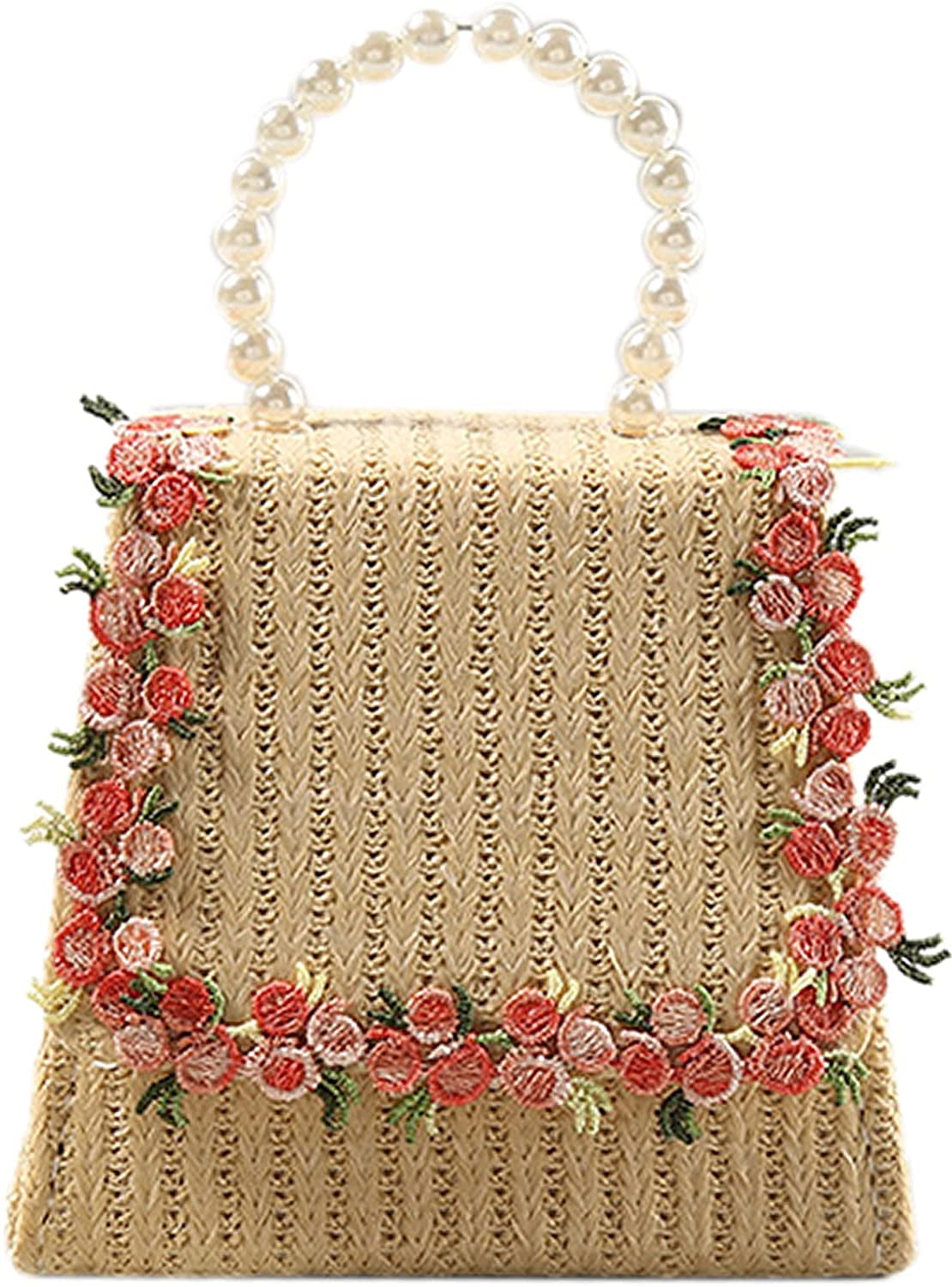 YOUIGIFTS Handwoven Rattan Crossbody Bag Pearl Tophandle Bag Summer